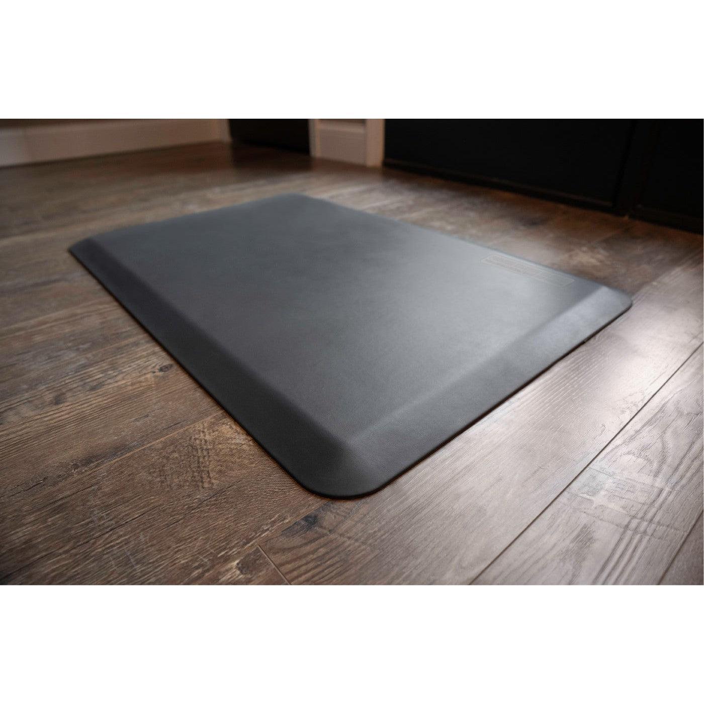 EcoLast Premium Standing Mat, Gray, shown on hardwood floor