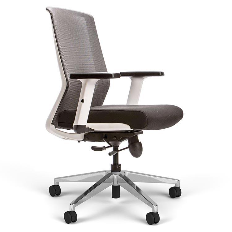 Cass Task Chair, black seat, white frame, polished aluminum base