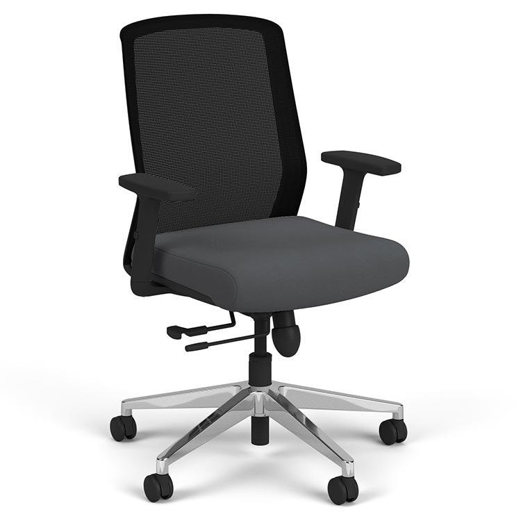 Cass Task Chair, charcoal seat, black frame, polished aluminum base