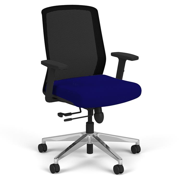 Cass Task Chair, dark blue seat, black frame, polished aluminum base