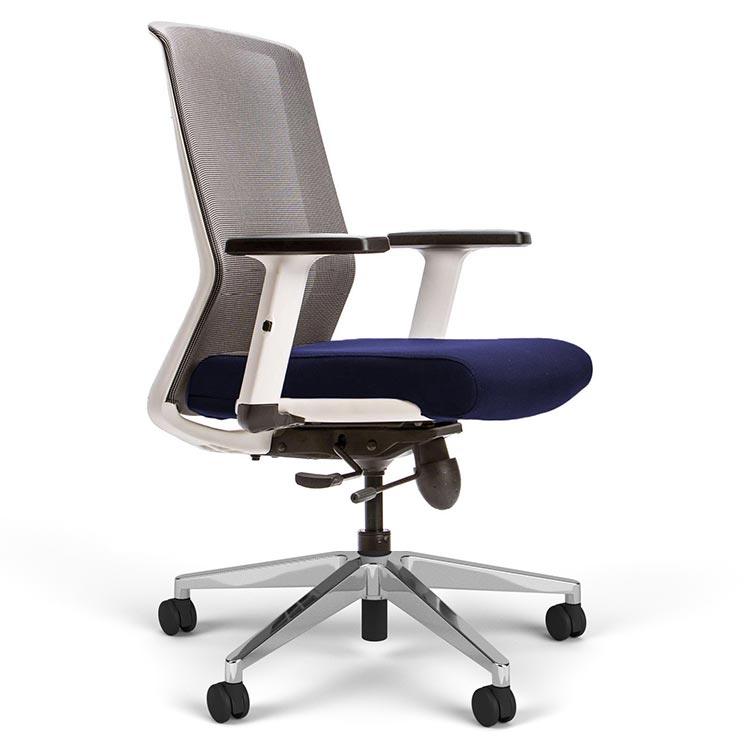 Cass Task Chair, dark blue seat, white frame, polished aluminum base