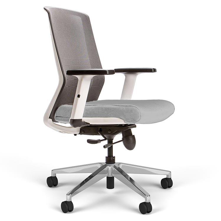 Cass Task Chair, fog gray seat, white frame, polished aluminum base