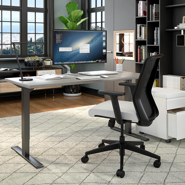 Workstation featuring the Cass Task Chair with fog gray seat and black frame.