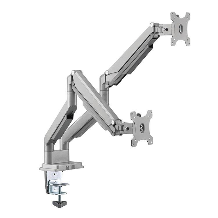 Echo Dual Screen Monitor Arm, shown in silver, with arms set to different heights.