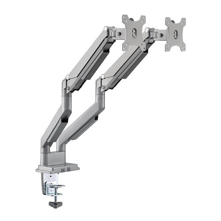 Echo Dual Monitor Arm, silver, extended to max height, front angle view.