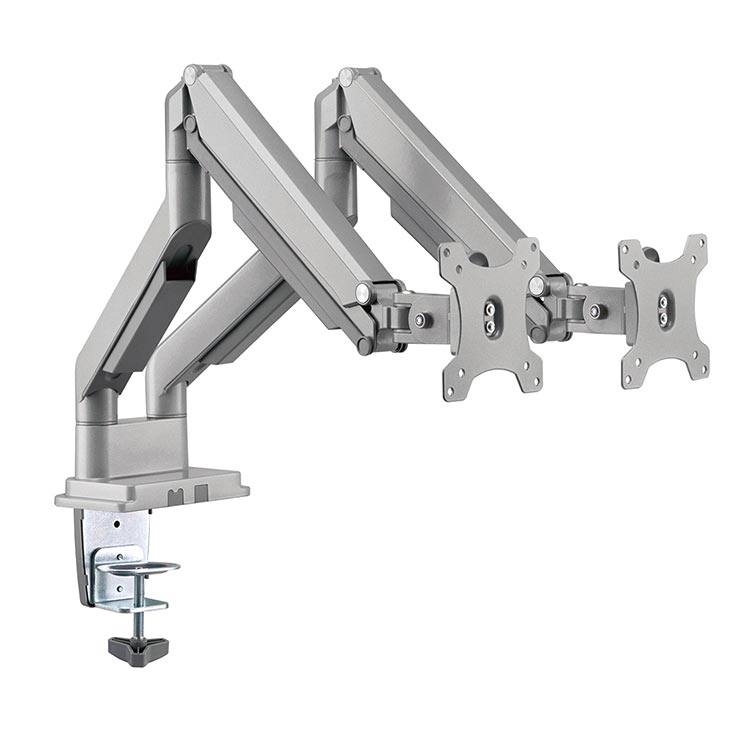 Echo Dual Monitor Arm, silver, front angle view.