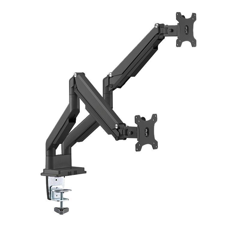 Echo Dual Monitor Arm, black, showing different sides at different heights.