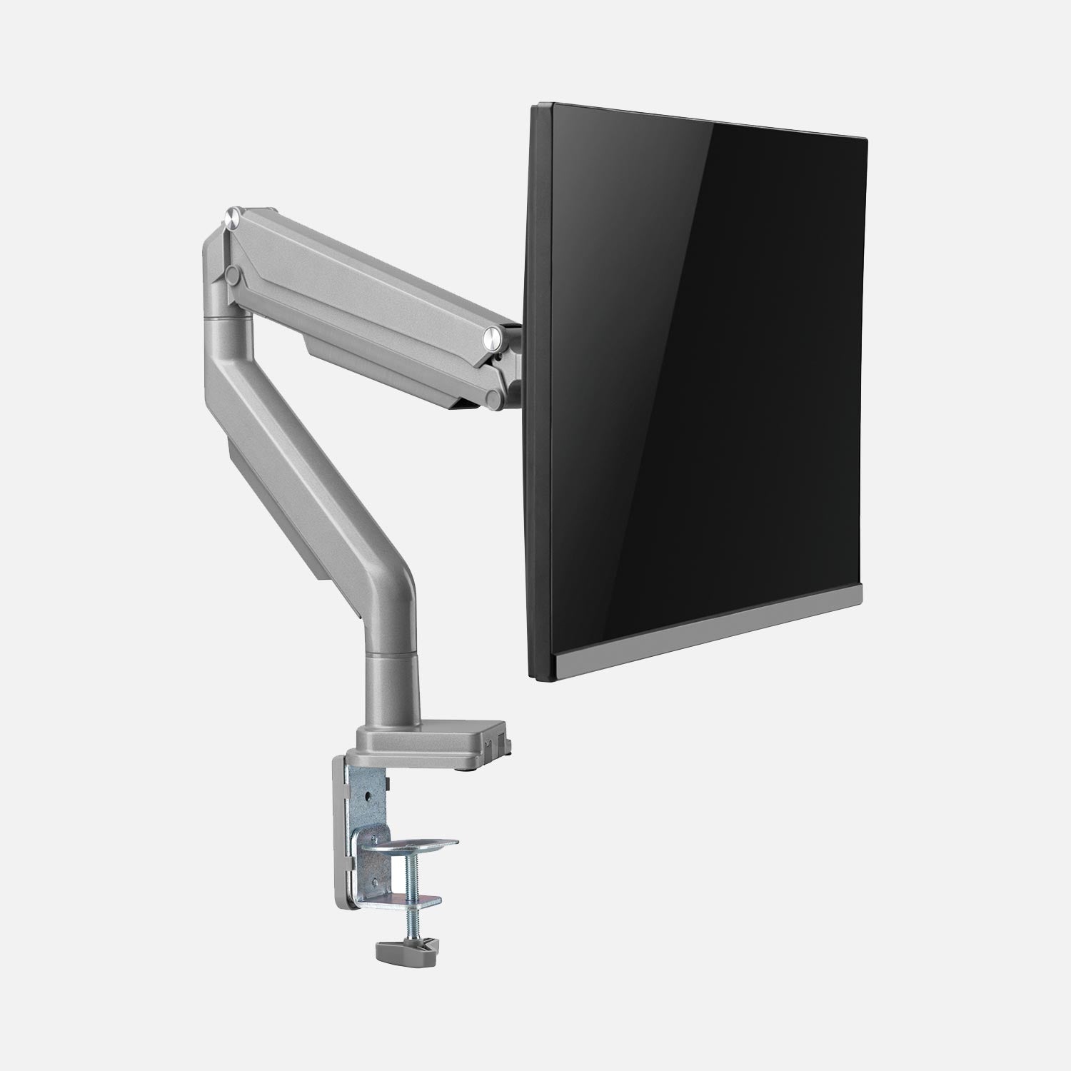 Echo Single Monitor Arm, shown in silver, with screen attached. Front angle view.