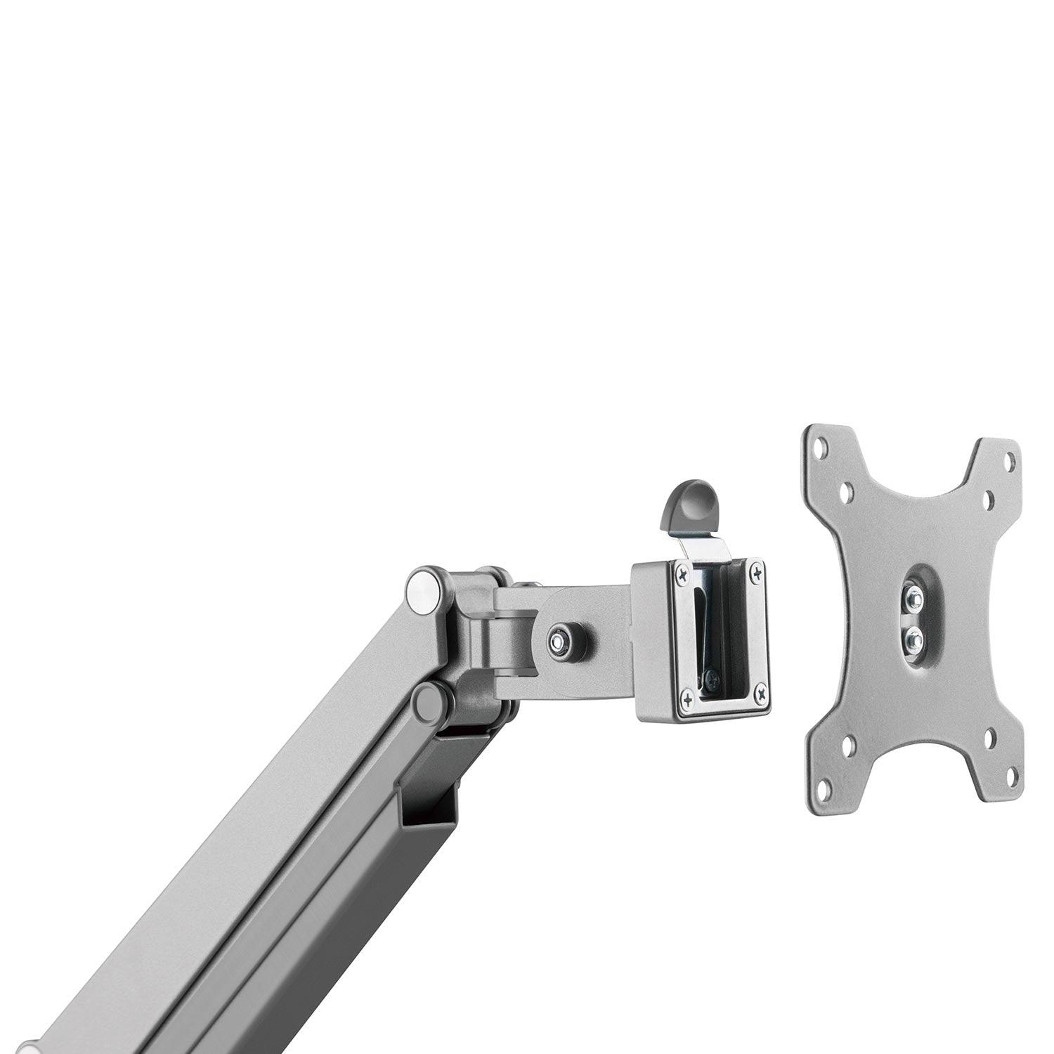 Detail of the quick-mount VESA plates for the Echo Monitor Arms, shown in silver.