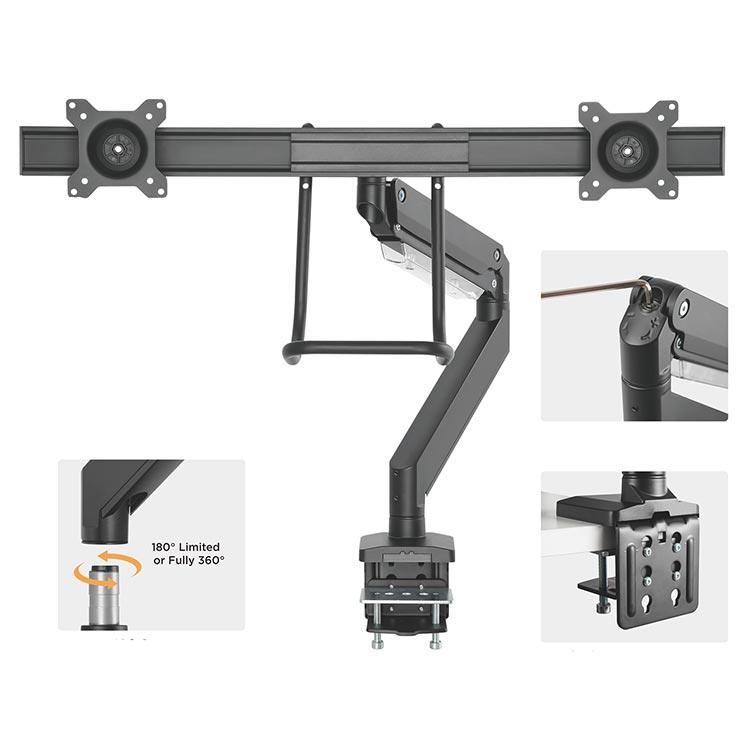 All features of the Echo Slide Dual Monitor Arm, shown in black.