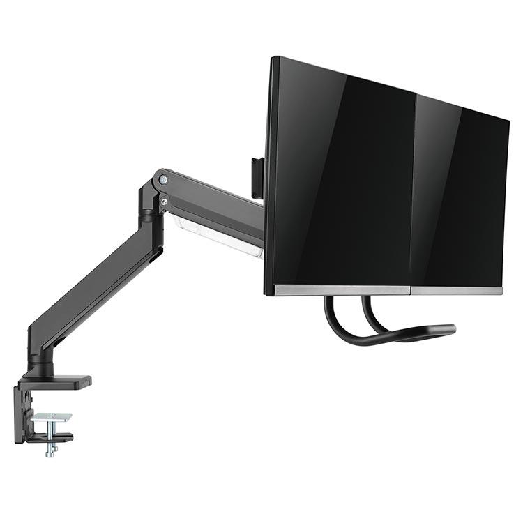 Echo Slide Dual Monitor Arm, Black, with screens, side view, extended