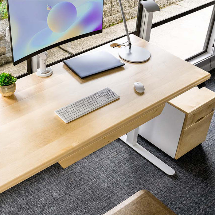 iMovR Lander Solid Wood Standing Desk, Natural Maple Top on White Base, in Executive Suite, ith Premium Drawer and matching Mobile File Cabinet