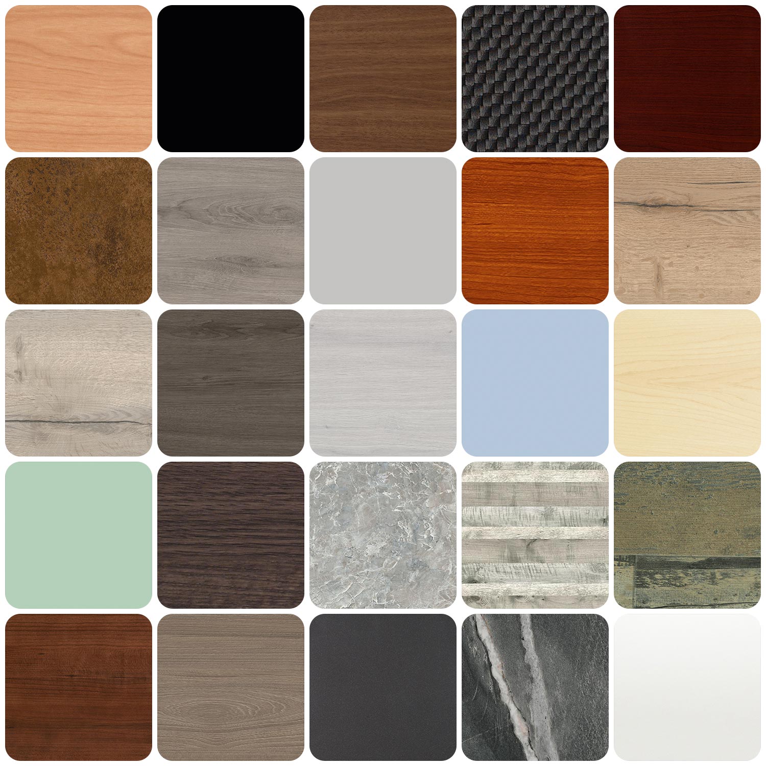 A grid of all 25 colors and patterns of 3D laminate used for iMovR desktops, file cabinets, and other accessories.