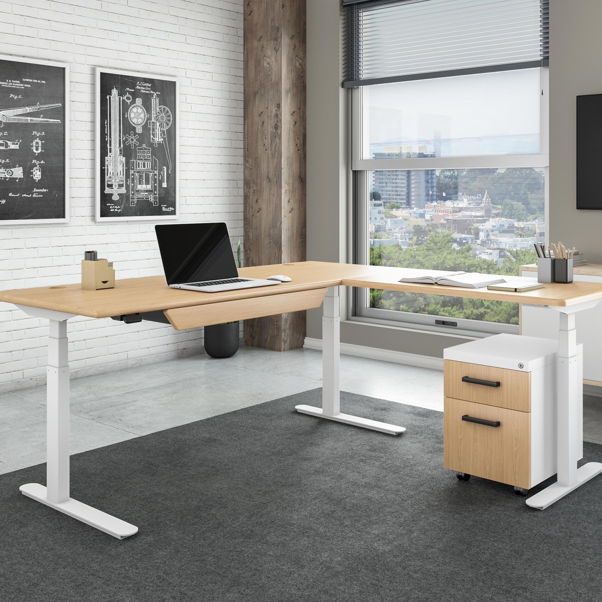 iMovR Lander Standing L-Desk with Premium Drawer option, Almond Cherry on White Base