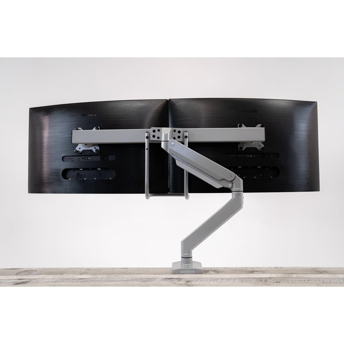 Rear mounted view of ZipView Unison Dual Monitor Arm with Handle